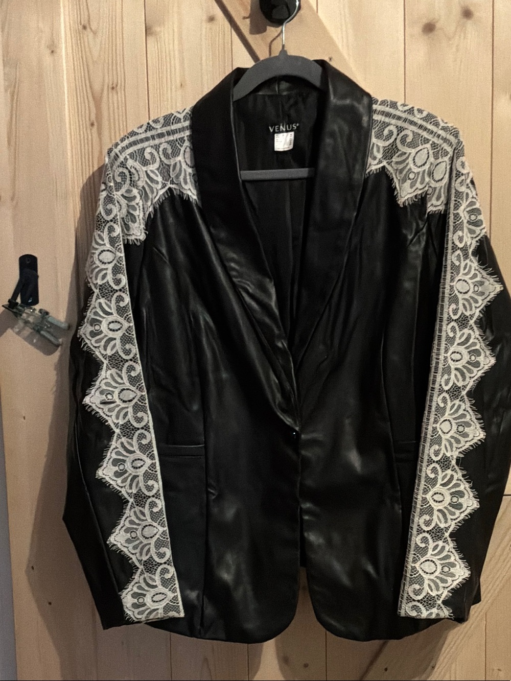 VENUS Black Faux Leather Blazer with White Lace Trim